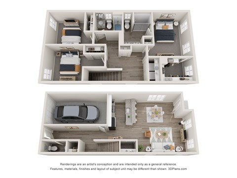 a stylized 3d floor plan of a house with a bedroom and living room